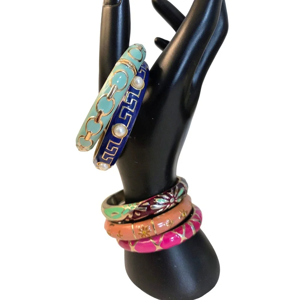 8pc Vintage Enamel Bangle Bracelet Set Gold Silver‎ Tone Floral Greek Key Stack